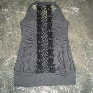 womens tank top. sheer, crochet back blouse. CHARLOTTE RUSSE.size medium